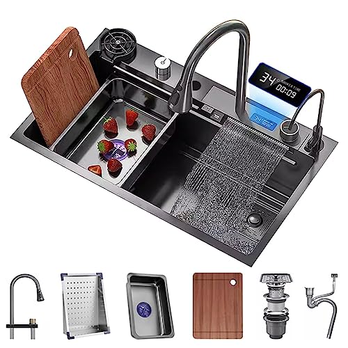 Edelstahl Wasserfall Waschbecken Mit Display Screen Single-Bowl Küchenspüle RV Waschbecken Mit Cup Washer Wasserfall Pull-Down Wasserhahn Und Komplettes Zubehör Set (Color : Schwarz, S : 75x45x22cm von GMTstore