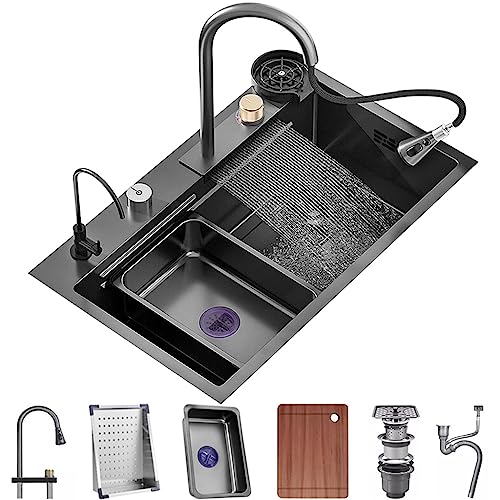 Einzelbecken Wasserfallspüle Edelstahl Küchenspüle Nano beschichtet Workstation Spüle mit herausziehbarem Wasserhahn und Becherwascher Komplettes Zubehörset (Größe: 68 x 45 x 22 cm) von GMTstore