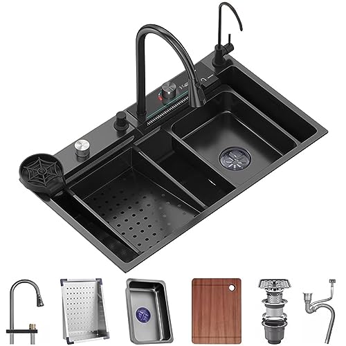 GMTstore Edelstahl Wasserfall Spüle Multifunktionale Single-Bowl Bar Prep Spüle Workstation Spüle Mit Ausziehbarem Wasserhahn Und Cup Washer Komplettes Zubehör Set (Color : Schwarz, S : 75x45x21cm) von GMTstore