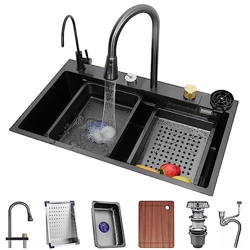 Wasserfall-Küchenspüle, Einzelbecken, Edelstahl-Barspüle mit ausziehbarem Wasserhahn, Booster-Unterlegscheibe, Schneidebrett und anderem Zubehör (Farbe: A, Größe: 75 x 45 x 22 cm) von GMTstore
