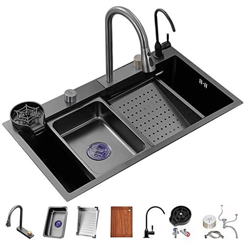 Wasserfall Küchenspüle Vielseitige Edelstahl Single-Bowl Küchenarbeitsplatz Waschbecken Wasserfall Pull-Down Wasserhahn Und Komplettes Zubehör Set (Color : Schwarz, S : 68x45x22cm) von GMTstore