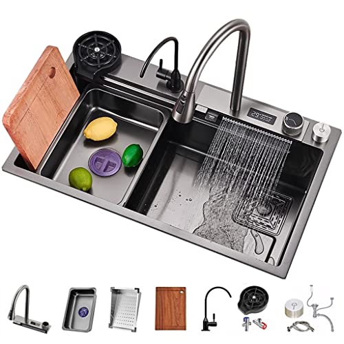 Wasserfall Küchenspüle Workstation Küchenspüle Mit Zubehör Vielseitige Edelstahl Einzelschüssel Küche Workstation Spüle Dual-Mount (Color : Schwarz, S : 75x46x21cm) von GMTstore