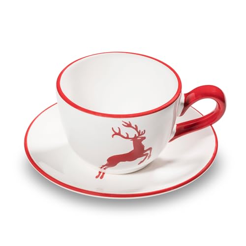 GMUNDNER KERAMIK Rubinroter Hirsch, Kaffeetasse mit Untertasse Cup, handgemacht in Österreich von GMUNDNER KERAMIK