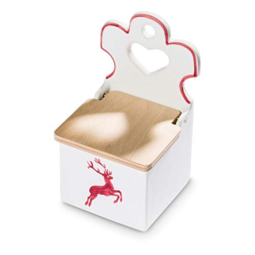 GMUNDNER KERAMIK Salzfass mit Holzdeckel Grösse: l= 9.5 cm x b= 9.5 cm x h= 18 cm bordeauxroter Hirsch Geschirr, handgemacht in Österreich von GMUNDNER KERAMIK