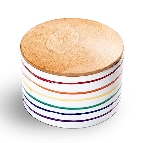 GMUNDNER KERAMIK Vorratsdose mit Holzdeckel H. 9cm Regenbogen Geschirr, handgemacht in Österreich von GMUNDNER KERAMIK