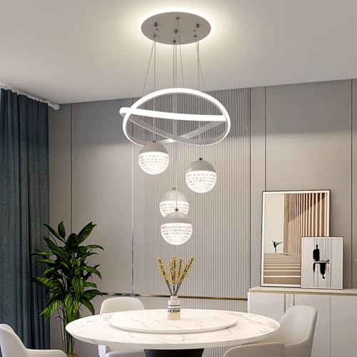 LED Pendelleuchte Kristall Hängelampe Esstisch Hängeleuchte Modern Höhenverstellbar Esszimmer Wohnzimmer Dimmbar Mit Fernbedienung Pendellampe Aluminium Beleuchtung Schlafzimmer Kronleuchter(Weiß) von GMWSM