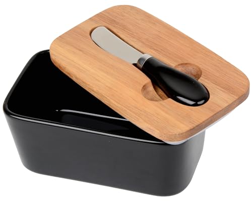 GMYIAK Butterdose mit Holzdeckel, Multi-Funktion Butter Dish, Porzellanbutterbehälter mit luftdichtem Verschlussdeckel und Edelstahl-Buttermesser, Dekoration und Zubehör für die Küche (Schwarz) von GMYIAK