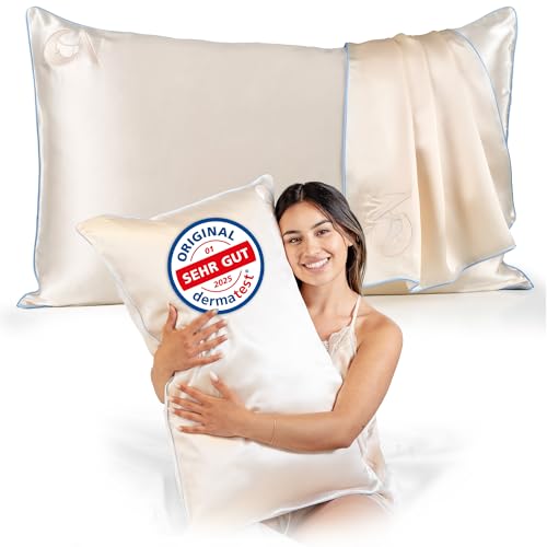 Seidenkissenbezug 40x80 aus 100% Maulbeerseide für Haut und Haar | Dermatologisch Zertifiziert von Fachärzten in Deutschland | höchste Klasse 6A, 22 Momme (Light Champagne - Sky Blue Edge) von GN Glowy Nights