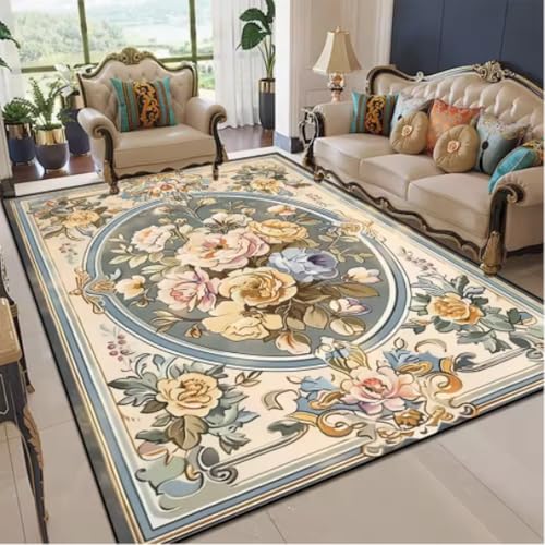 GNALEIEOG Europäische Teppiche Wohnzimmer Pastorale Blume Home Teppich Schlafzimmer Bodenmatte Waschbar rutschfeste Eingangstürmatte 140×200cm von GNALEIEOG