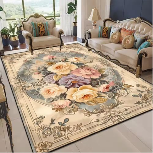 GNALEIEOG Europäische Teppiche Wohnzimmer Pastorale Blume Home Teppich Schlafzimmer Bodenmatte Waschbar rutschfeste Eingangstürmatte 60×90cm von GNALEIEOG