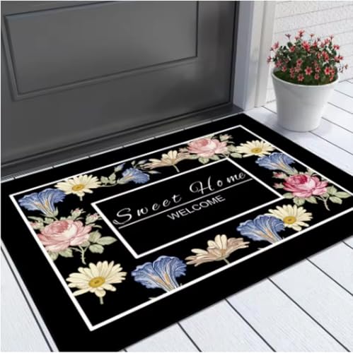 GNALEIEOG Teppich Willkommen Floral Fußmatte Schwarz Weiß Design Matte Küche Eingang Balkon Home Decor Matte 120x180cm von GNALEIEOG