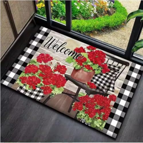 GNALEIEOG Teppich Willkommen Floral Fußmatte Schwarz Weiß Design Matte Küche Eingang Balkon Home Decor Matte 140x200cm von GNALEIEOG