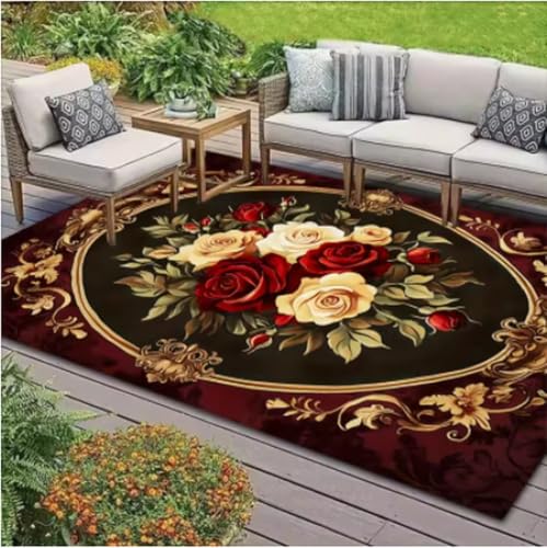 GNALEIEOG Teppich mit Retro-Blumenmuster, rot-weißes Rosen-Design, Bodenmatte, 120 x 180 cm von GNALEIEOG