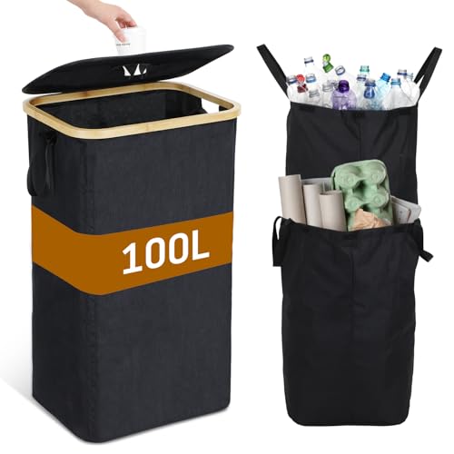 GNEGNI LIFE 100L Pfandflaschen Sammelbehälter mit Deckel & 2 wiederverwendbaren Innenbeuteln –Küchen-Recyclingbehälter Großraum-Sammelbehälter mit Loch für Flaschen, Glas, Dosen & Plastik (Schwarz) von GNEGNI LIFE