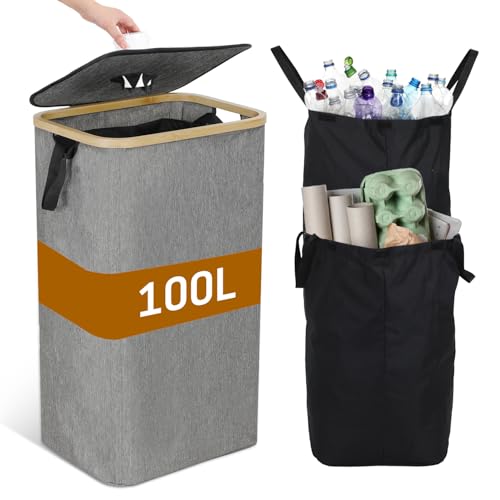 GNEGNI LIFE 100L Pfandflaschen Sammelbehälter mit Deckel & 2 wiederverwendbaren Innenbeuteln –Küchen-Recyclingbehälter Großraum-Sammelbehälter mit Loch für Flaschen, Glas, Dosen & Plastik (Grau) von GNEGNI LIFE