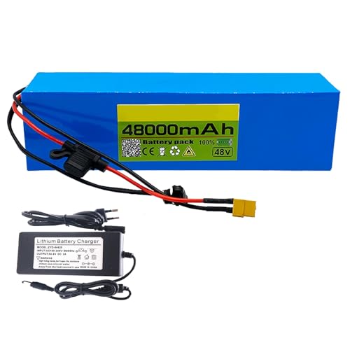 GNIUBBDB 48 V 48 Ah E-Bike Lithium-Ionen-Akku mit 54,6 V 2 A Ladegerät 13S3P Elektrofahrrad-Roller-Akku Eingebautes BMS für 250 W 300 W 350 W 500 W Motor T Plug von GNIUBBDB