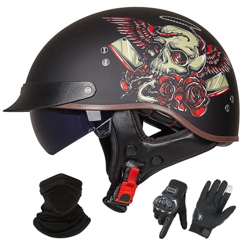 GNIUBBDB Motorrad-Jethelm im Deutschen Stil – ECE 22.06-zugelassen, Halbhelm mit offenem Gesicht und Sonnenblende, geeignet für Erwachsene Männer und Frauen E,XL (59-60cm) von GNIUBBDB