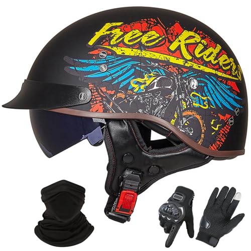 GNIUBBDB Motorrad-Jethelm im Deutschen Stil – ECE 22.06-zugelassen, Halbhelm mit offenem Gesicht und Sonnenblende, geeignet für Erwachsene Männer und Frauen H,L (57-58cm) von GNIUBBDB