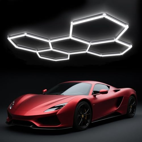 GNIUBBDB Sechseckiges LED-Garagenlicht, 6500 K, verknüpfbare Werkstattbeleuchtung, weiße sechseckige Lampe für Garage, Lager, Fitnessstudio, Keller, Autowaschanlage 5 Hex von GNIUBBDB