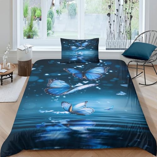 GNMRTFEAE Blue Schmetterling Bettwäschegarnitur Bettbezug Set Mädchen Junge Kinder Weich Microfaser Und Kissenbezüge Bettwäsche Reissverschluss 2 Teilig Single（135x200cm） von GNMRTFEAE