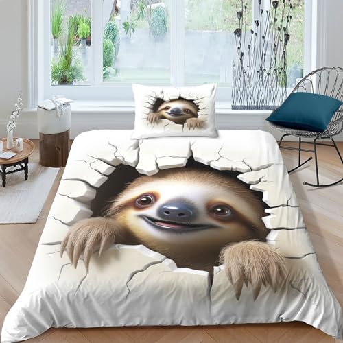 GNMRTFEAE Faultier Mädchen Junge Kinder Bettbezug Set 3D Gedruckter Niedliches Tier Bettwäschegarnitur Reissverschluss Und Kissenbezüge Weich Microfaser Bettwäsche 3 Teilig Single（135x200cm） von GNMRTFEAE