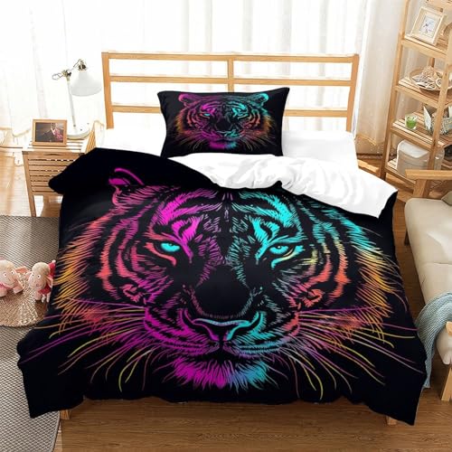 GNMRTFEAE Verrückter Tiger Für Kinder Mädchen Jungen Feine Muster Bettwäschegarnitur Bettbezug Set Und Kissenbezüge Reissverschluss Weich Microfaser Bettwäsche 2 Teilig Single（135x200cm） von GNMRTFEAE