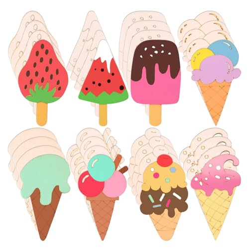 GNURBDILFO 32 Stück Unlackierte Eiscreme-Holzausschnitte, 8 Stile Eiscreme-Holzscheiben, Unlackiertes für Heimwerkerarbeiten, Heimdekoration von GNURBDILFO