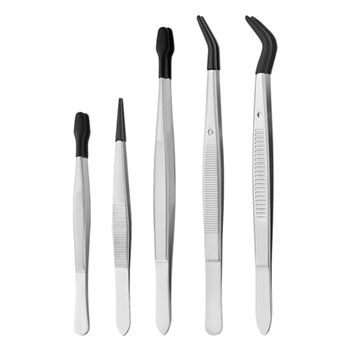 GNURBDILFO 5-Teiliges Pinzettenset mit Gummispitzen, Pinzettenset mit PVC-Beschichtung, Gerade Gummispitze/Flache Spitze/Lange Gebogene Pinzette von GNURBDILFO