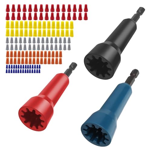 GNURBDILFO Drahtdrehwerkzeug für Bohrmaschine, WireNut Twister-Drahtmuttern-Sortiment-Kit, 3 WireNut Twister für Bohrmaschine + 150 Drahtkappen von GNURBDILFO