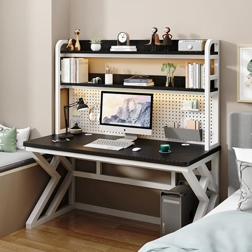 GNYVZXPLQ Computer-Tisch, Computertisch mit Ablageflächen und Stecktafel, Holzwerkstoff und Metall, mehrere Größen, Mehrfarbig(White+Black 2,47.24" Lx23.62 Wx66.93 H) von GNYVZXPLQ