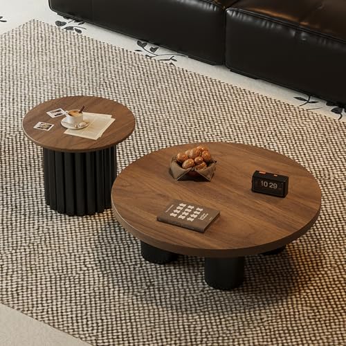 GNYVZXPLQ Multifunktionaler Klapptisch, Mid Century Runder Couchtisch aus Holz 2er Set, Moderner Kreis Cocktail Akzent Sofa Beistelltisch for Wohnzimmer(70cm Combination Walnut+Black) von GNYVZXPLQ