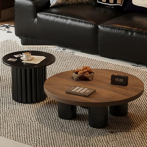 GNYVZXPLQ Multifunktionaler Klapptisch, Mid Century Runder Couchtisch aus Holz 2er Set, Moderner Kreis Cocktail Akzent Sofa Beistelltisch for Wohnzimmer(70cm Combination Walnut+Black Side Table) von GNYVZXPLQ
