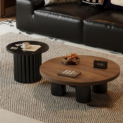 GNYVZXPLQ Multifunktionaler Klapptisch, Mid Century Runder Couchtisch aus Holz 2er Set, Moderner Kreis Cocktail Akzent Sofa Beistelltisch for Wohnzimmer(80cm Combination Walnut+Black Side Table) von GNYVZXPLQ