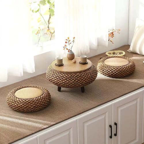 Multifunktionaler Klapptisch, Runder japanischer Couchtisch aus Rattan, handgewebter Beistelltisch aus Korbgeflecht mit zwei Futonkissen, tragbare niedrige Tatami-Plattform for den Balkon im Wohnzimme Multifunktionaler Klapptisch, Runder japanischer Couchtisch aus Rattan, handgewebter Beistelltisch aus Korbgeflecht mit zwei Futonkissen, tragbare niedrige Tatami-Plattform for den Balkon im Wohnzimme von GNYVZXPLQ