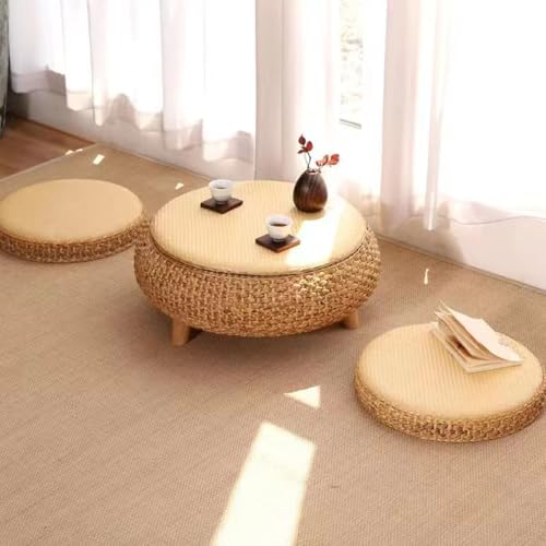 Multifunktionaler Klapptisch, Runder japanischer Couchtisch aus Rattan, handgewebter Beistelltisch aus Korbgeflecht mit zwei Futonkissen, tragbare niedrige Tatami-Plattform for den Balkon im Wohnzimme Multifunktionaler Klapptisch, Runder japanischer Couchtisch aus Rattan, handgewebter Beistelltisch aus Korbgeflecht mit zwei Futonkissen, tragbare niedrige Tatami-Plattform for den Balkon im Wohnzimme von GNYVZXPLQ