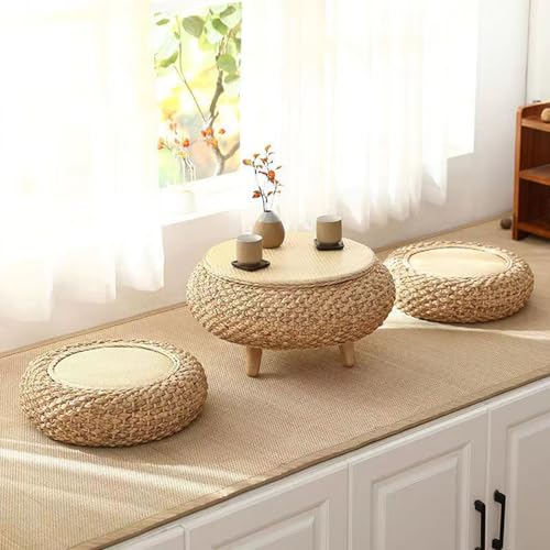 Multifunktionaler Klapptisch, Runder japanischer Couchtisch aus Rattan, handgewebter Beistelltisch aus Korbgeflecht mit zwei Futonkissen, tragbare niedrige Tatami-Plattform for den Balkon im Wohnzimme Multifunktionaler Klapptisch, Runder japanischer Couchtisch aus Rattan, handgewebter Beistelltisch aus Korbgeflecht mit zwei Futonkissen, tragbare niedrige Tatami-Plattform for den Balkon im Wohnzimme von GNYVZXPLQ