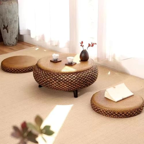 Multifunktionaler Klapptisch, Runder japanischer Couchtisch aus Rattan, handgewebter Beistelltisch aus Korbgeflecht mit zwei Futonkissen, tragbare niedrige Tatami-Plattform for den Balkon im Wohnzimme Multifunktionaler Klapptisch, Runder japanischer Couchtisch aus Rattan, handgewebter Beistelltisch aus Korbgeflecht mit zwei Futonkissen, tragbare niedrige Tatami-Plattform for den Balkon im Wohnzimme von GNYVZXPLQ