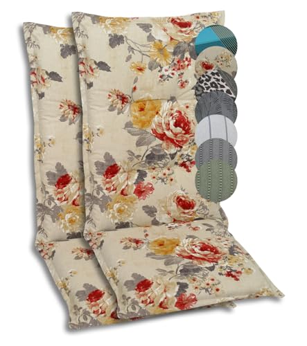 GO-DE Textil Bequeme und attraktive Polsterauflagen für Hochlehner-Gartenstühle (2er-Set, Blumen Beige, Hochlehner) von GO-DE Textil
