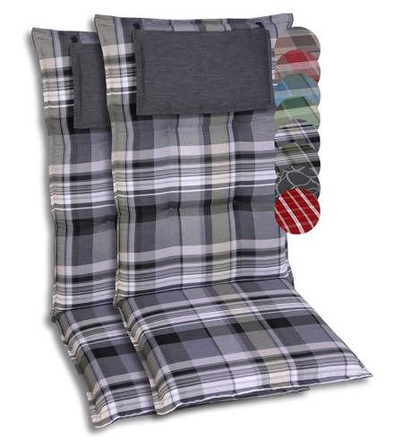 GO-DE Textil Bequeme und attraktive Polsterauflagen für Hochlehner-Gartenstühle (2er-Set, Karo Grau-Creme, Hochlehner) von GO-DE Textil