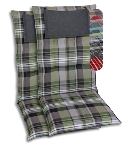 GO-DE Textil Bequeme und attraktive Polsterauflagen für Hochlehner-Gartenstühle (2er-Set, Karo Grün-Grau, Hochlehner) von GO-DE Textil