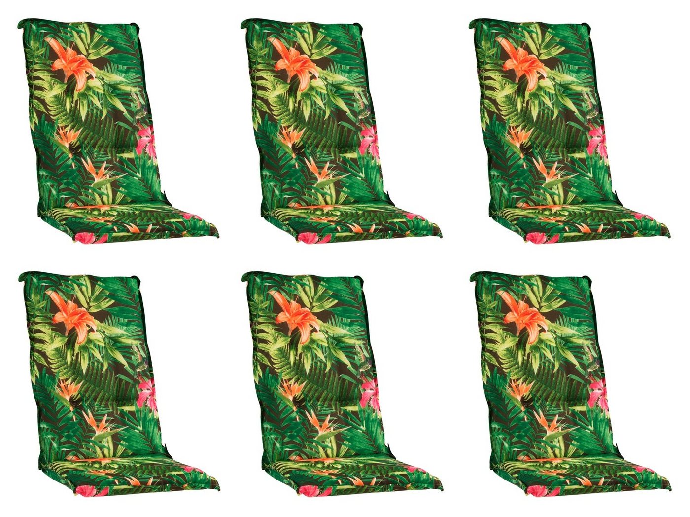 GO-DE Hochlehnerauflage TROPICAL, B 50 x L 120 cm, Grün, 6er Set, (Set, 6 St), Gartenstuhlauflagen für Hochlehnstühle von GO-DE