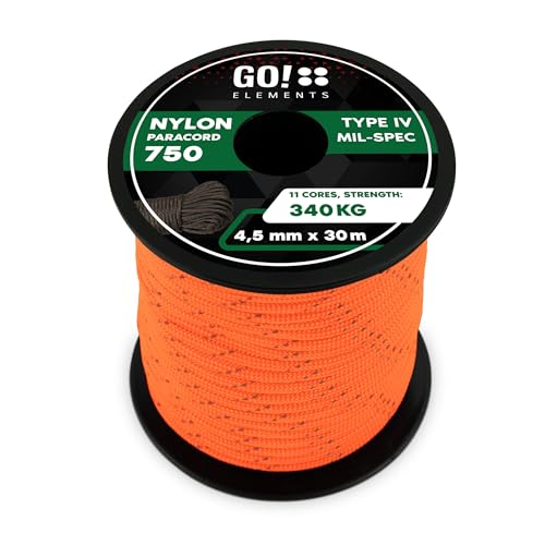GO!elements Paracord 750 Typ IV | 100% Nylon Seil reißfest & extrem stabil | ø 4,5mm - 11 Kerne - Max. 340 KG | Allzweckseil & Reepschnur für Survival, Camping | Nylonschnur von GO!elements