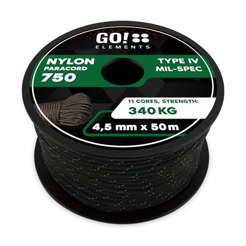 GO!elements Paracord 750 Typ IV | 100% Nylon Seil reißfest & extrem stabil | ø 4,5mm - 11 Kerne - Max. 340 KG | Allzweckseil & Reepschnur für Survival, Camping | Nylonschnur von GO!elements