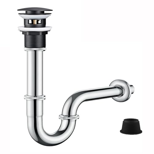 Waschbecken Sifon Siphon Ablaufgarnitur Pop Up Ablaufventil Abfluss Überlauf Siphon Universal für Waschbecken & Waschtisch,Messing & Edelstahl (Ablaufgarnitur mit Schwarz Überlauf) von GOAMBUY