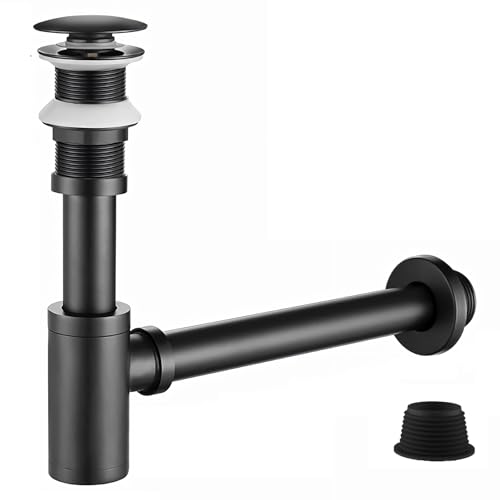 Waschbecken Sifon Siphon Ablaufgarnitur Pop Up Ablaufventil Abfluss Überlauf Siphon Universal für Waschbecken & Waschtisch - Abflussgarnitur passgenau (Ablaufgarnitur mit Schwarz Ohne Überlauf) von goambuy