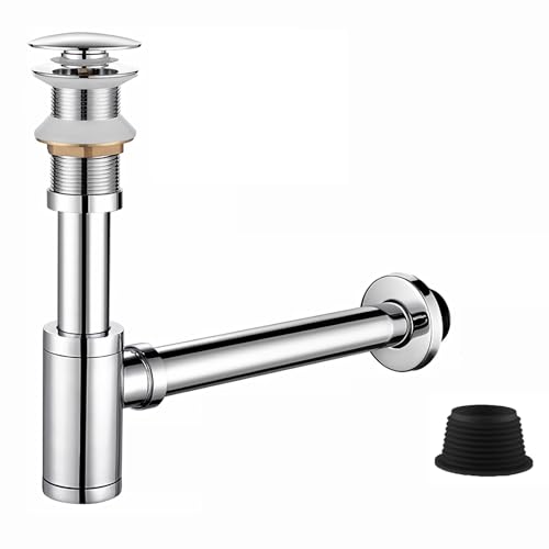 Waschbecken Sifon Siphon Ablaufgarnitur Pop Up Ablaufventil Abfluss Überlauf Siphon Universal für Waschbecken & Waschtisch - Abflussgarnitur passgenau (Ablaufgarnitur mit Silbrig Ohne Überlauf) von GOAMBUY