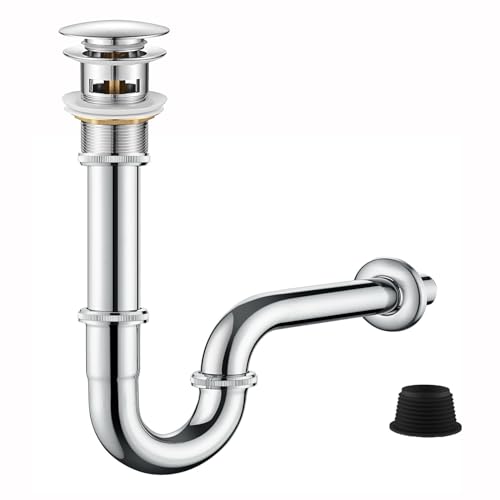 Waschbecken Sifon Siphon Ablaufgarnitur Pop Up Ablaufventil Abfluss Überlauf Siphon Universal für Waschbecken & Waschtisch - Abflussgarnitur passgenau (Ablaufgarnitur mit Silbrig Überlauf) von GOAMBUY