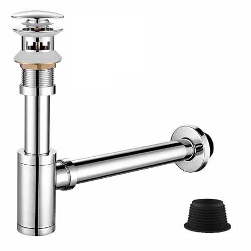 Waschbecken Sifon Siphon Ablaufgarnitur Pop Up Ablaufventil Abfluss Überlauf Siphon Universal für Waschbecken & Waschtisch - Abflussgarnitur passgenau (Ablaufgarnitur mit Silbrig Überlauf) von goambuy