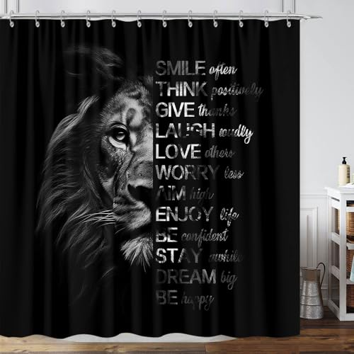 GOAOK Duschvorhang, inspirierende Löwen-Zitate, wasserdichter Stoff, 183 x 183 cm, schwarz, für Männer und Jungen, Dekoration, Haken im Lieferumfang enthalten von GOAOK