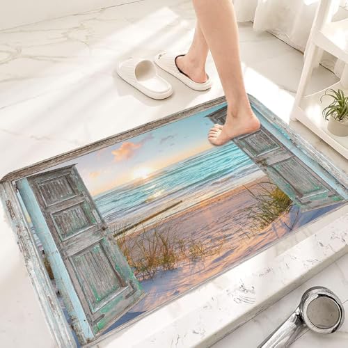 GOAOK Boho-Badezimmerteppich, Strandküste, Blaugrün, Ozean, Sonnenaufgang, Meereslandschaft, nautisch, Strandteppich, rustikale Scheunentür, Küste, Outdoor-Teppich, weich, rutschfest, für Wohnzimmer GOAOK Boho-Badezimmerteppich, Strandküste, Blaugrün, Ozean, Sonnenaufgang, Meereslandschaft, nautisch, Strandteppich, rustikale Scheunentür, Küste, Outdoor-Teppich, weich, rutschfest, für Wohnzimmer von GOAOK